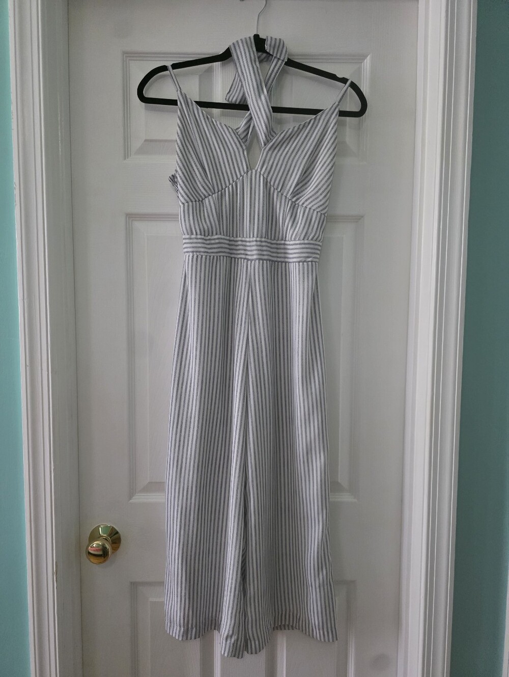 Japna White and Gray Striped Halter Jumpsuit
